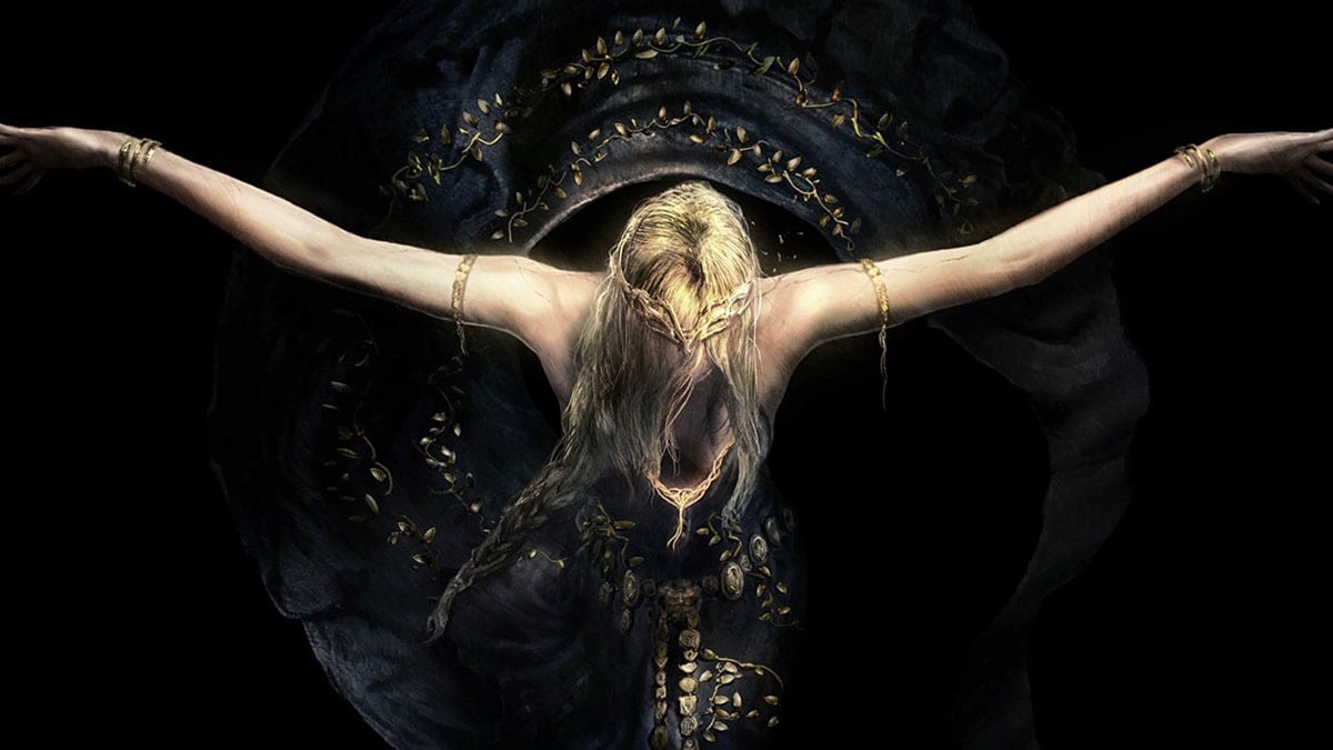 Queen Marika crucified against a black background in Elden Ring