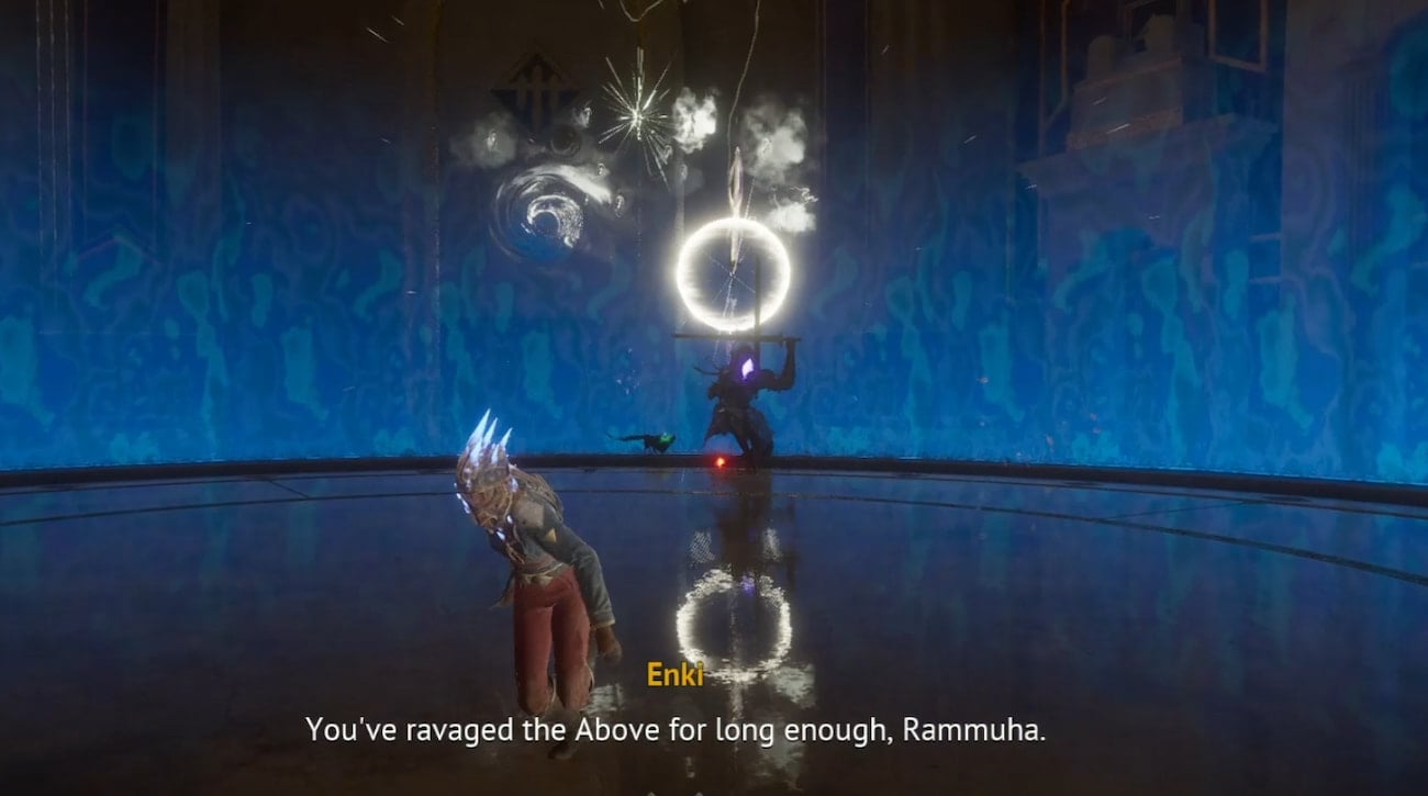 Rammuha sits across the arena with a blue background as she summons orbs of light while Nor runs away.