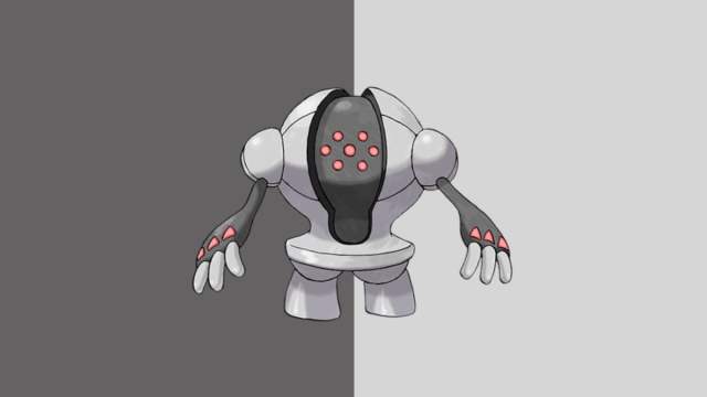 Registeel in Pokemon Go, a steel creature with red dots, on a black and silver background.