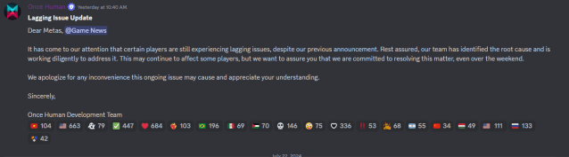 Lagging Issue update on Once Human's Discord channel.