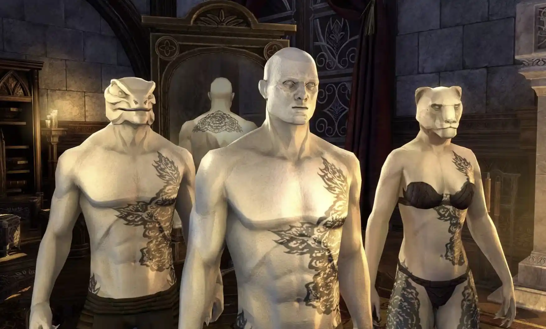 Three mannequins from ESO—an Argonian, a human, and a Khajiit—show readers what the Rose of Tamriel body marking looks like on each of the three body types.