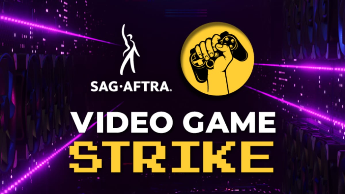 a purple tech-themed backdrop that centers the SAG-AFTRA logo beside a hand holding a controller. This is above text that says VIDEO GAME STRIKE.