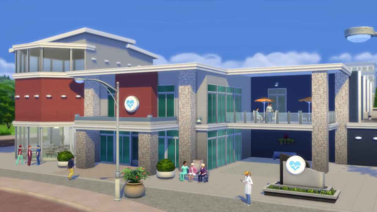 Image of the hospital in The Sims 4 Get-to-Work expansion pack.