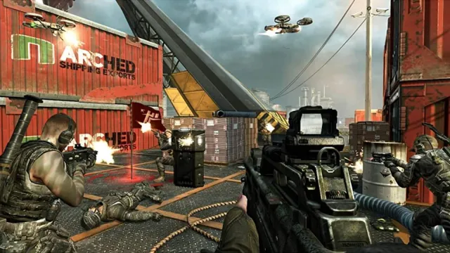 A group of players in Black Ops 2 attack an objective marked by a red flag between shipping containers.