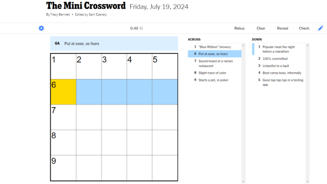 The NYT Mini crossword with a five-letter space across highlighted