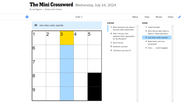 NYT Mini blank crossword showing five highlight squares down