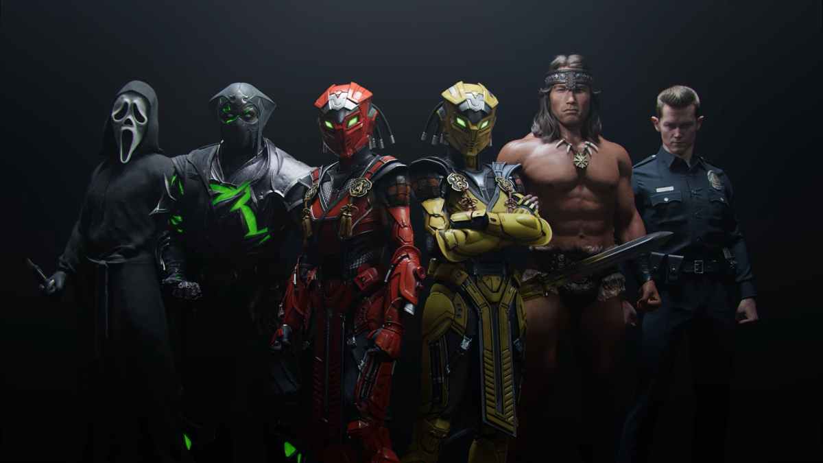 Several Mortal Kombat 1 DLC characters stand in a line.