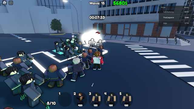 Players defend against the enemy waves in Roblox's Sorcerer Tower Defense.