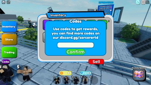 In-game Picture of the place to put codes in Roblox's Sorcerer Tower Defense.