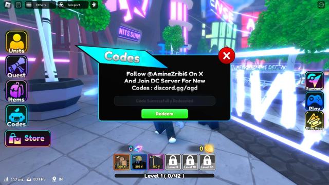 Picture of codes screen in Roblox Anime Protectors Defense.
