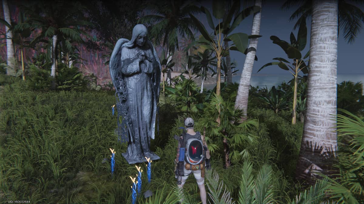 Picture showcasing player standing in front of the Statue in Once Human.