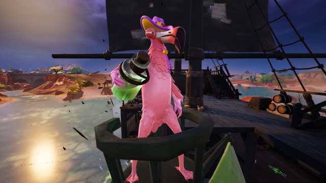Picture showing a pink player in Fortnite using the ship in a bottle mythic item and carrying it in their hands.