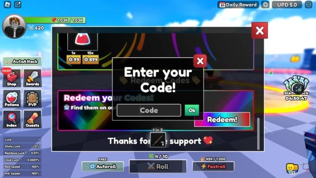 Picture showcasing the code redemption page in Dungeon RNG Roblox.