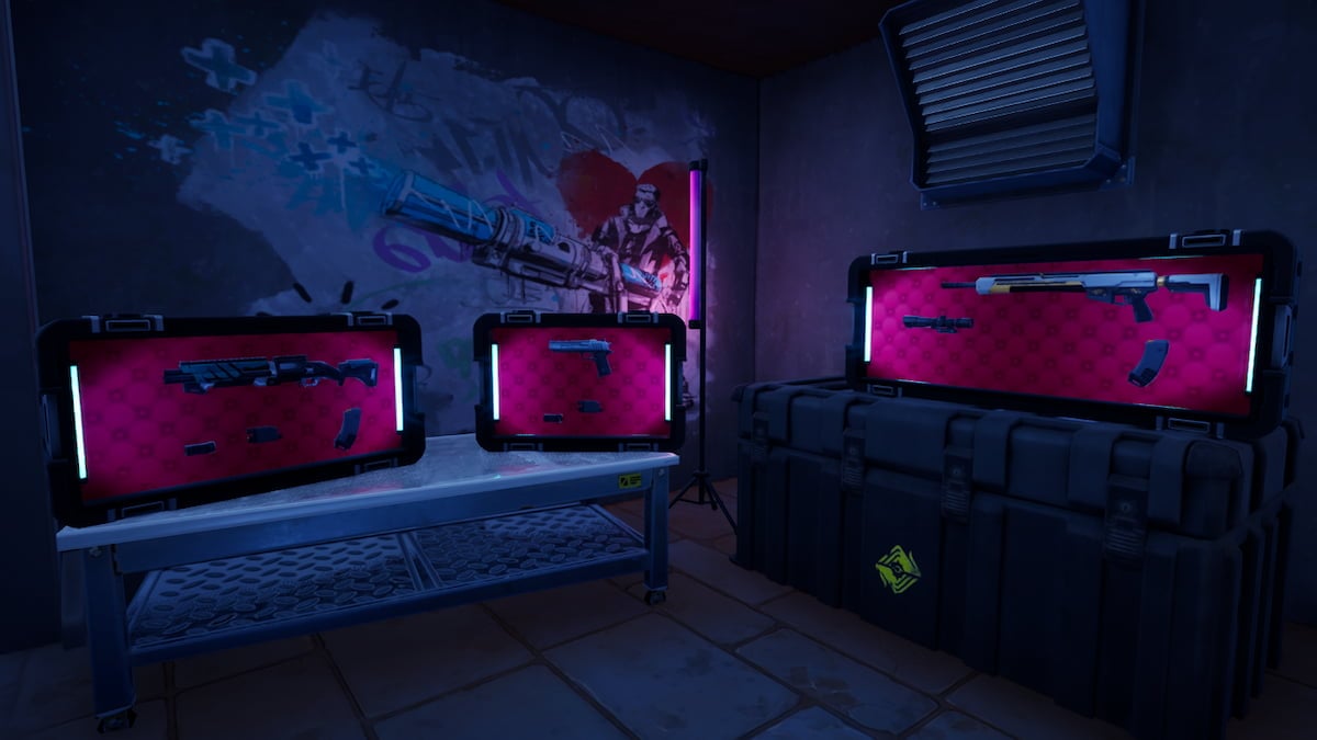 Picture of the weapons cases inside an Underground Bunker in Fortnite.