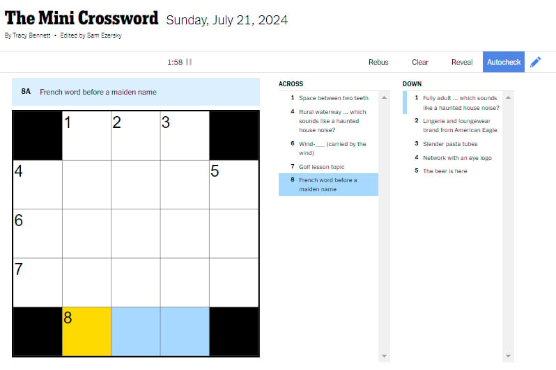 Picture showcasing the Crossword clues for NYT Mini July 21.