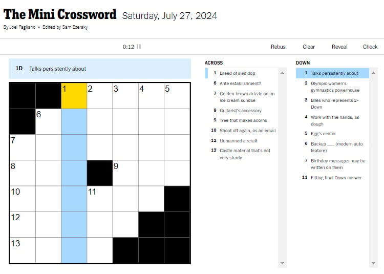 NYT Mini crossword July 27
