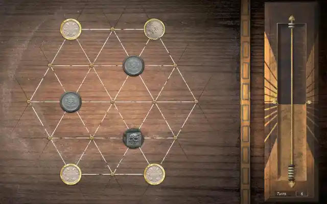 The Sebo board from Flintlock, showing different coins across a grid-like geometrical shape with a turn-counter on the right.
