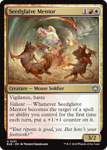 Mouse Soldiers battling in Bloomburrow MTG set