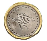 A coin from Flintlock with a bird-like pattern stamped inside its beige center.