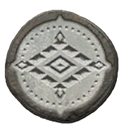 A silver coin from Flintlock, the Silver Soldius, that has a tribal pattern of diamonds in the middle.