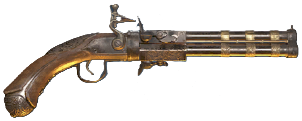 A three-barreled pistol in Flintlock, the Skirmisher Pistol, that is wooden but has golden accents.