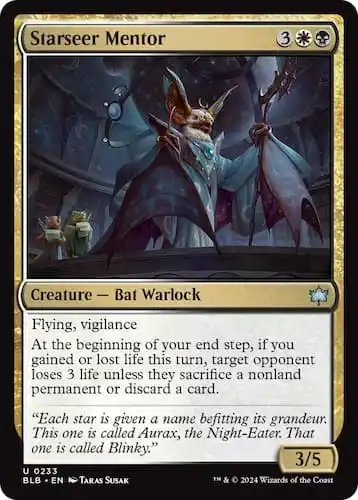 Bat Warlock holding magical staff in dark room through Bloomburrow MTG set