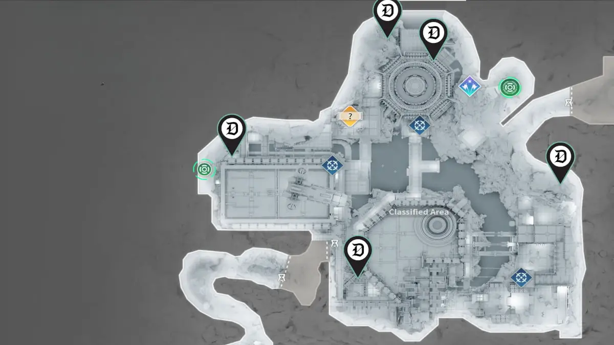 A screenshot of the Classified Area location in Sterile Land with markers.