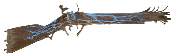 A long-barreled gun from Flintlock with blue vein-like patterns stretching across it.