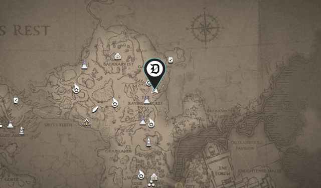 A map from Flintlock showing a Dot Esports pin close to the middle of The Ravine's Secret, a region in the Wanderer's Rest.