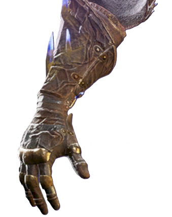 Bronze gauntlets in Flintlock. Two icy blue shards stick out of the forearm section.