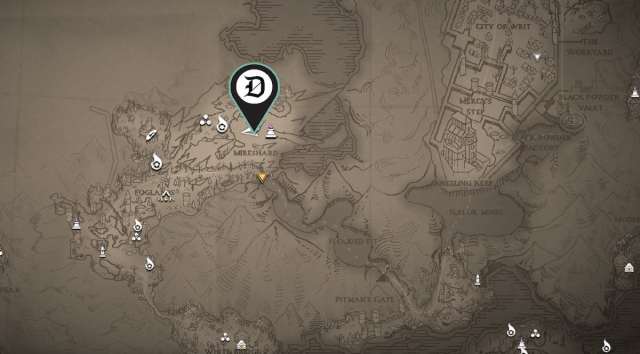 A map from Flintlock showing a Dot Esports pin close to the middle of Mireshard, a region in the Three Peaks.