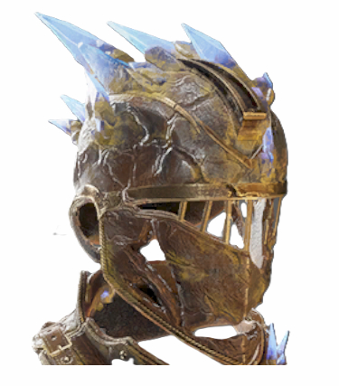 A worn bronze helmet in Flintlock. Blue crystals stick out from the back side.