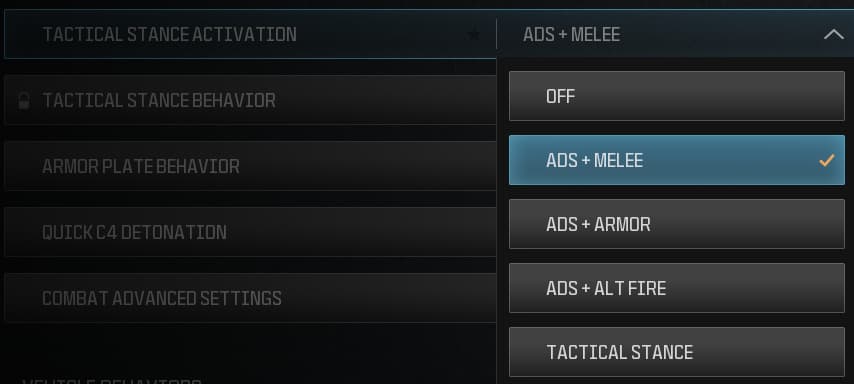 A screenshot of the MW3 settings menu with the Tactical Stance Activation setting selected.