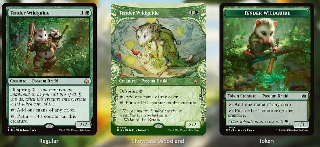 3 versions of Tender Wildguide from Bloomburrow MTG set