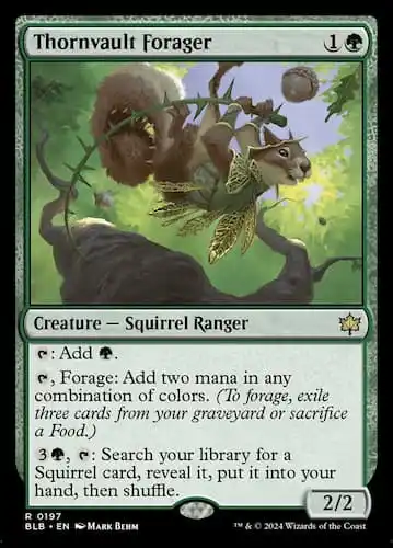 Squirrel leaping across trees in Bloomburrow MTG set