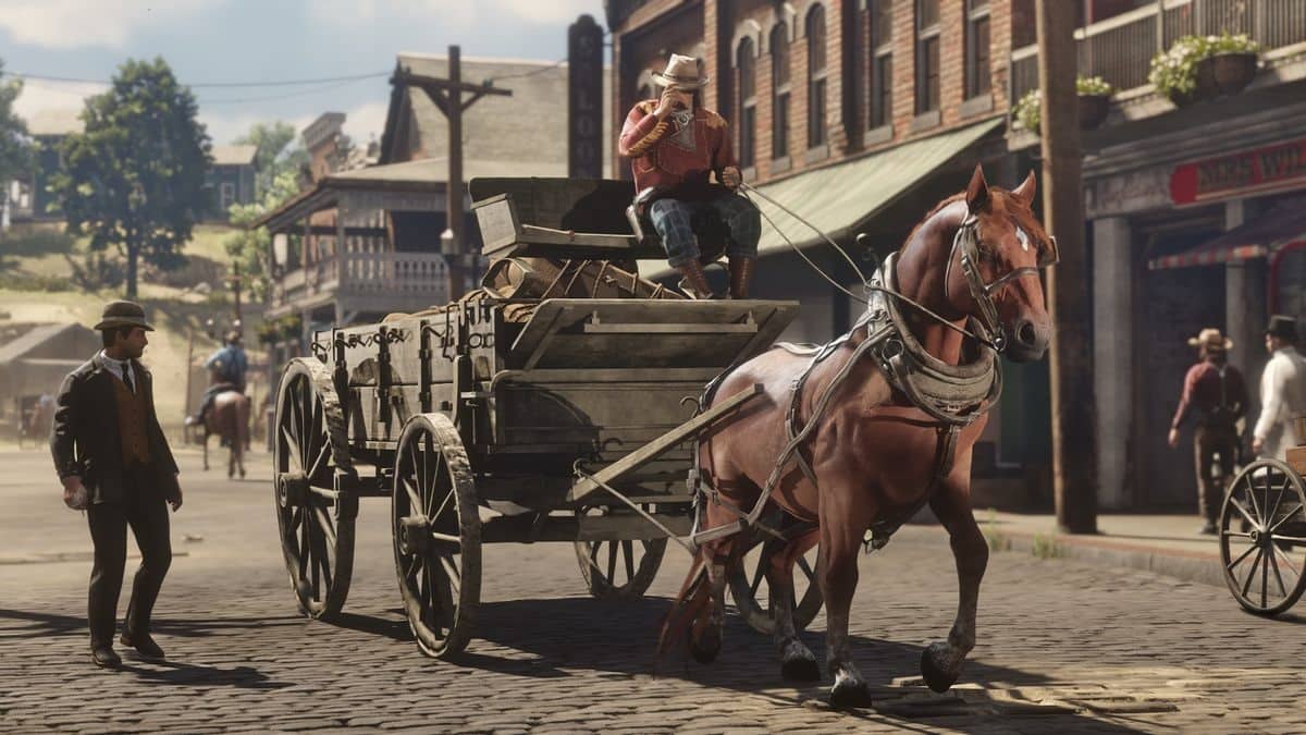 Player character on a horse driven wagon traveling through the town in Red Dead Online