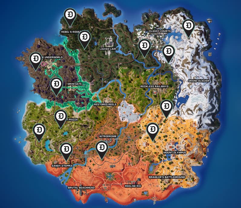 Picture of all the places with weapon cases in Fortnite map.