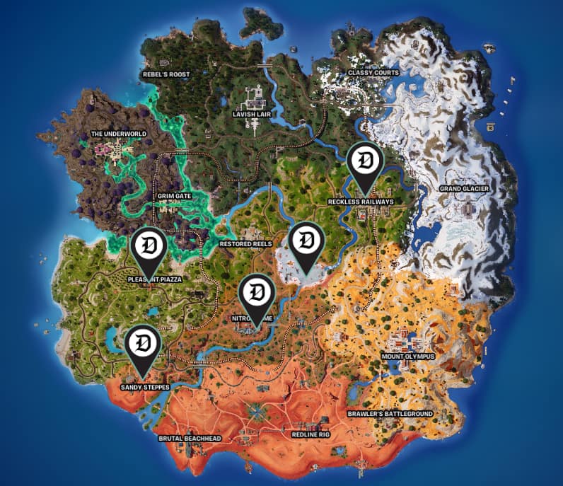 Picture of the Fortnite map showcasing different areas on the island with Forage Boxes which contain coconuts.