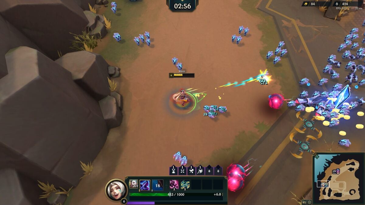 Jinx using blade-o-rang to kill primordians in League of Legends Swarm