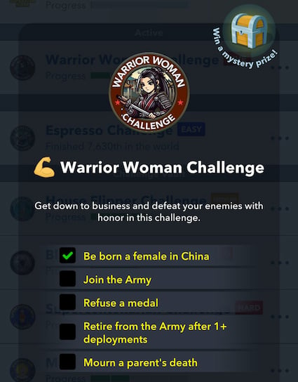 Picture showcasing the Warrior Woman challenges in Bitlife.
