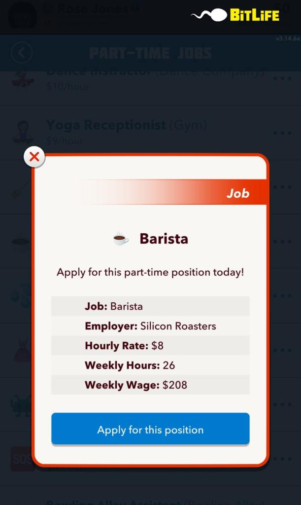 Picture showing the job role of a Barista in Bitlife.