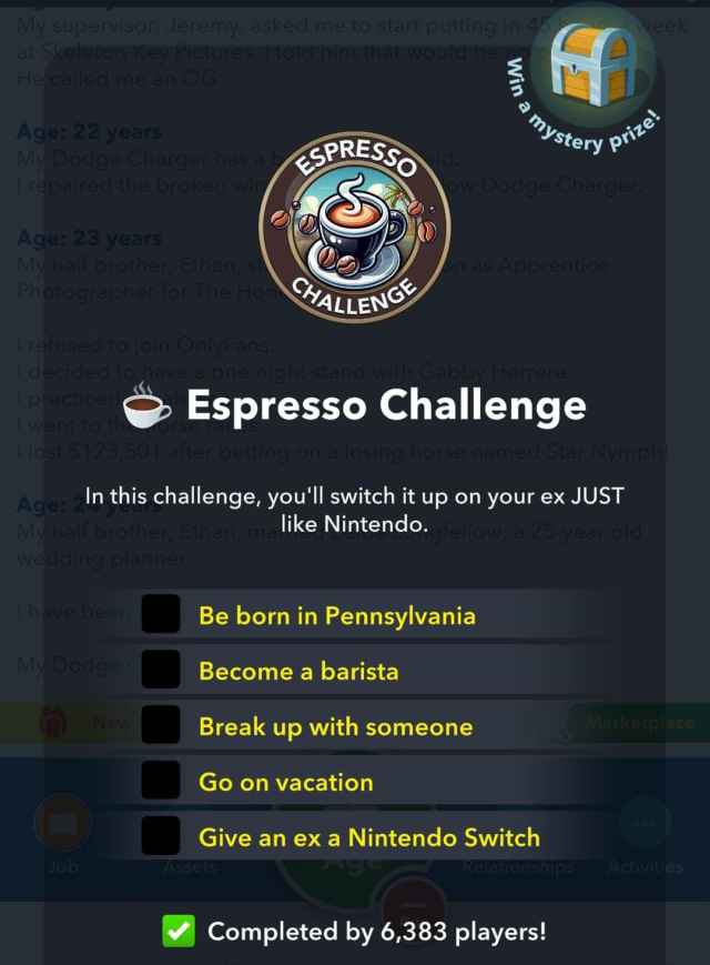 Picture showing all the requirements to complete Espresso Challenge in Bitlife.
