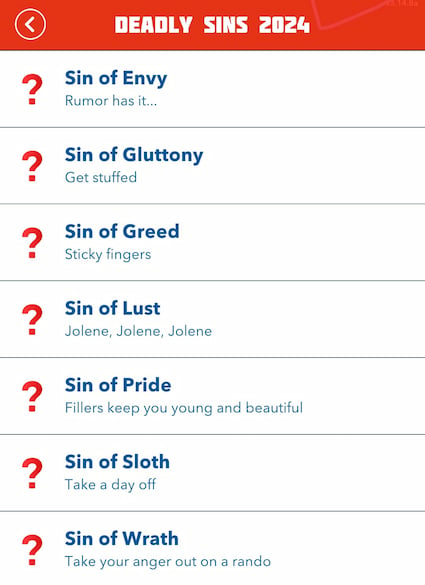 Picture of the seven deadly sins scavenger hunt in Bitlife.