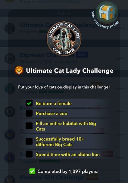 Picture of all the objectives for completing the Ultimate Cat Lady Challenge in Bitlife.