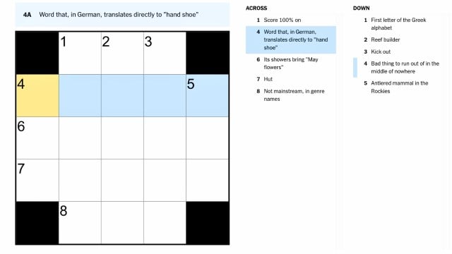 the clue Word that, in German, translates directly to hand shoe and it's position on the mini crossword for aug 1