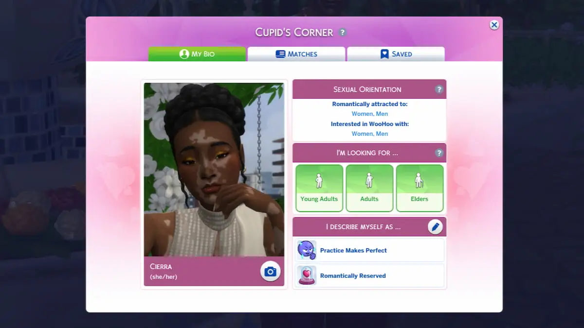 A Sim on the Cupid's Corner app in The Sims 4 Lovestruck.