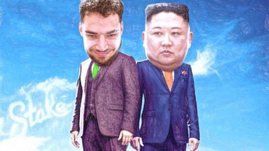 Adin Ross and Kim Jong Un appear in cartoonish style wearing a purple and blue suit respectively.