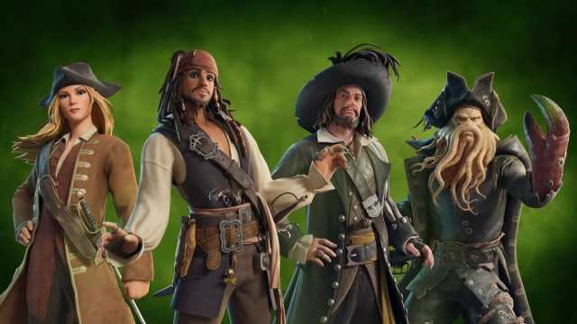 Elizabeth Swann, Jack Sparrow, Davy Jones, and Barbossa in Fortnite.