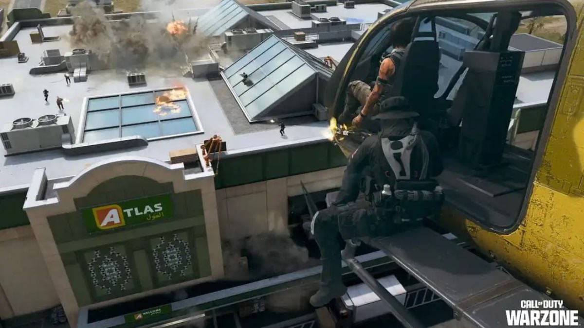 Warzone characters in a helicopter attacking a building