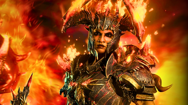A woman in a fiery set of Infernal Armor that's earned from the battle pass in diablo 4 season 5